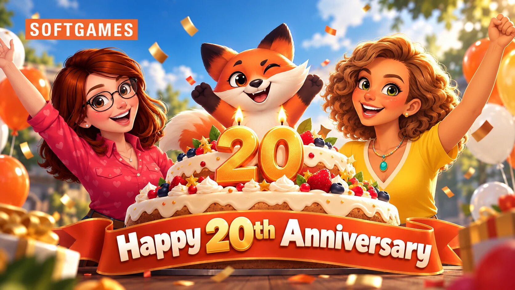 SOFTGAMES 20th anniversary: a fox mascot and two game characters cheer behind a birthday cake with a golden 20